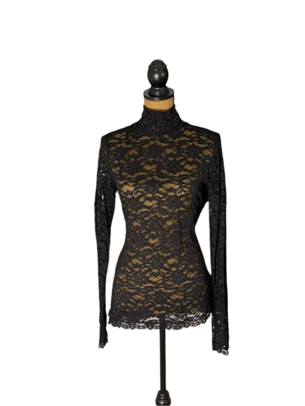 Moda International Black Lace Mock Neck Top M Sheer Long Sleeve Y2K Goth Grunge